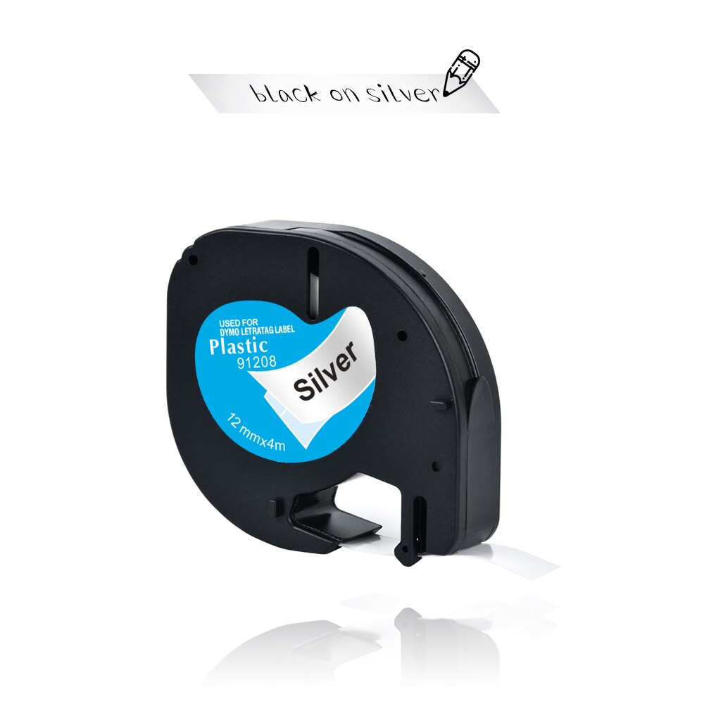 Yance 91201 kompatibel til dymo letratag plastiktape 12mm*4m sort på hvid  lt 91331 91330 18769 18771 til lt -100t etiketmaskine: Sort på sølv