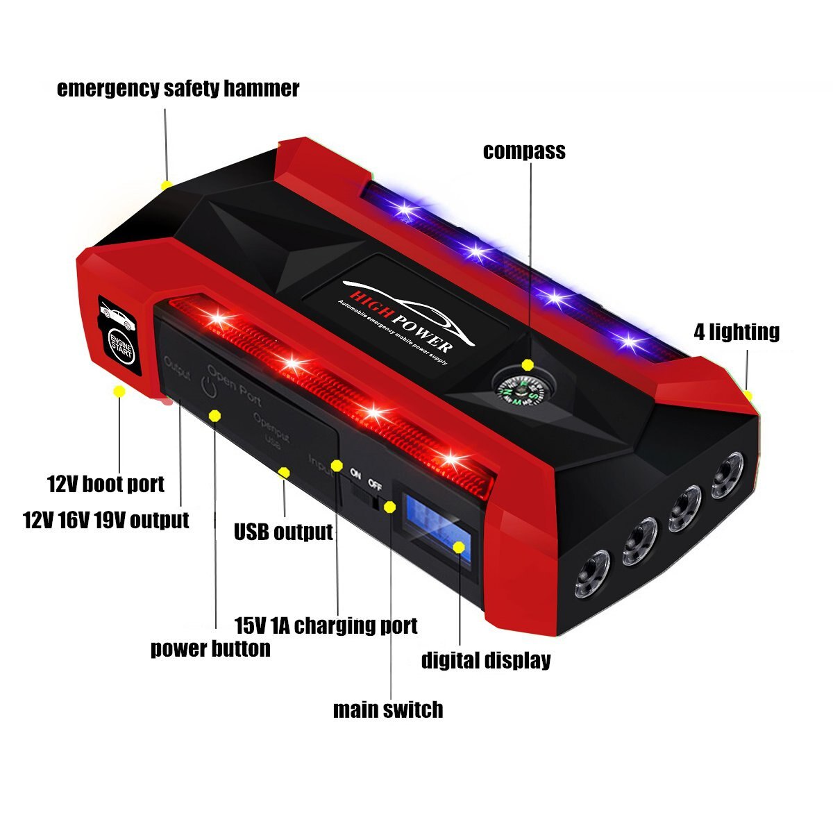 600a 68800 mah 12v 4 usb bil jump starter power bank genopladeligt batteri nødstrøm multifunktion sos lommelygte