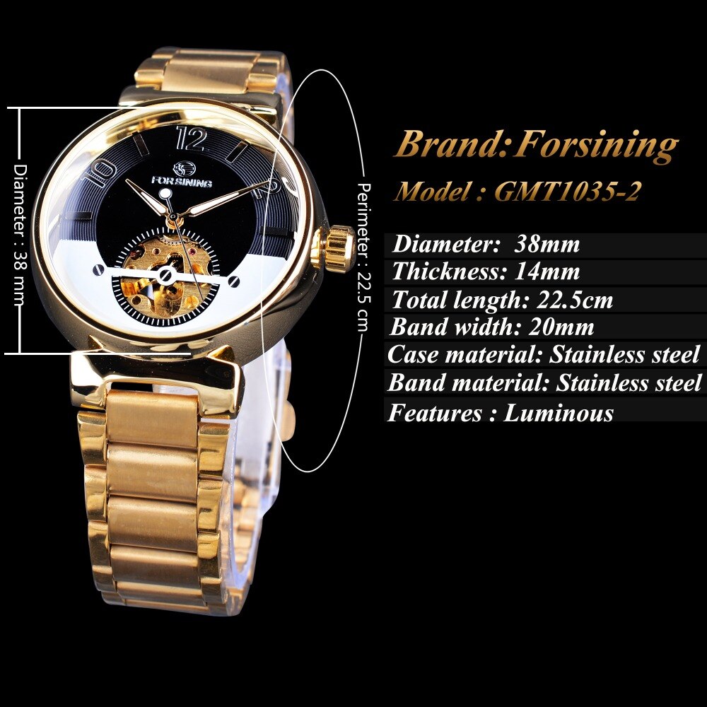 Forsining Creatieve Horloge Golden Rvs heren Horloge Topmerk Luxe Automatische Skelet Polshorloge Lichtgevende Klok