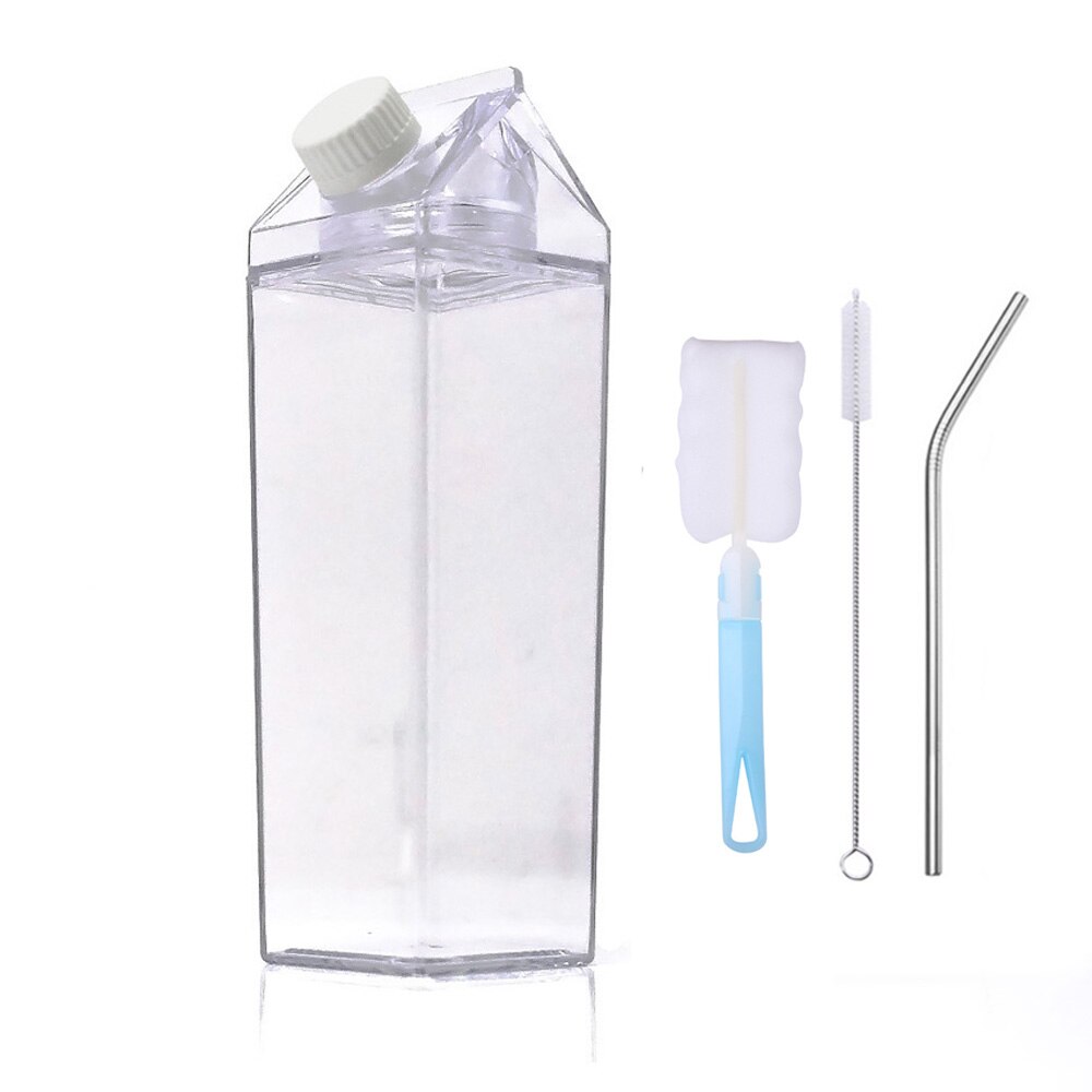 500ml/1000ml mælkekarton vandflaske, bpa fri plast bærbar gennemsigtig boks til juice med børste &amp; strå: 1.0l