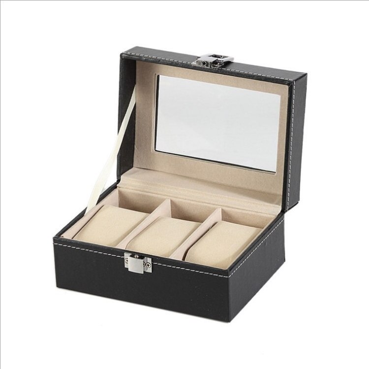 Læder urkasse sorte herreur opbevaringsbokse sag med vinduesmykker kvinder sag display smykker holder: 3 pladser