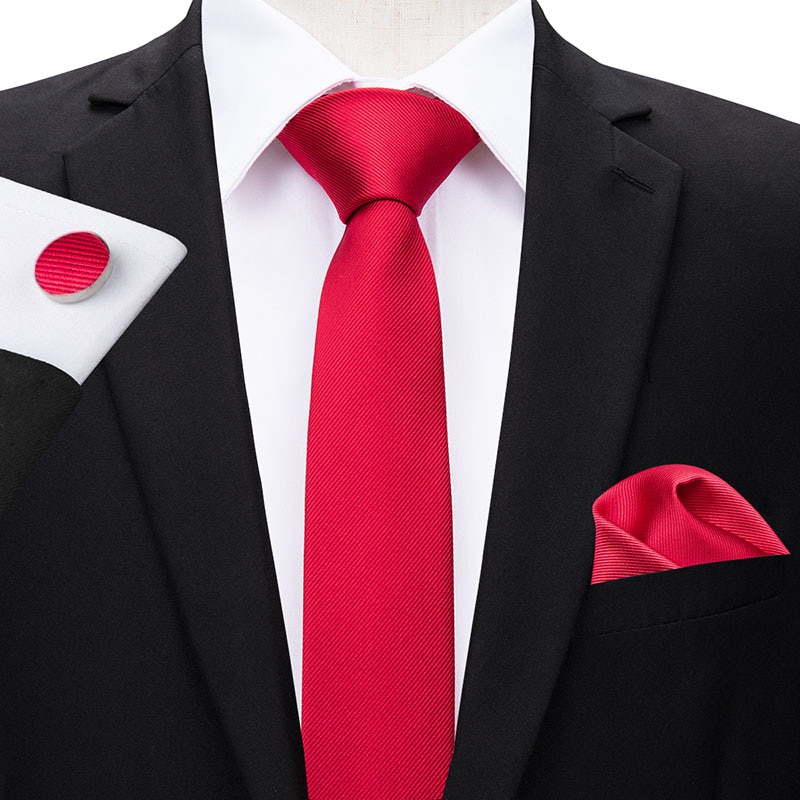 Cravate à salut-cravate 6cm Slim étroite | Cravates pour hommes, boutons de manchette Hanky rouge uni couleur Plaid, ensemble pour hommes fête mariage Slim