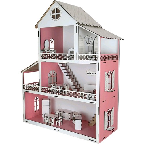 Mippukid træ legehus trelags træ møbleret pink