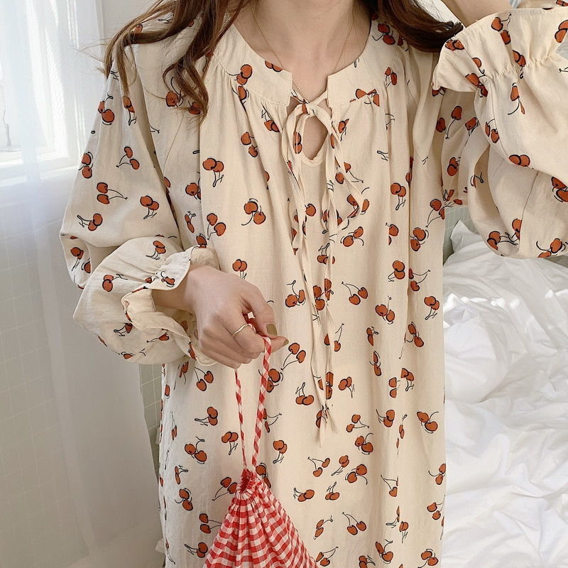 Nachthemden Vrouwen Ruches Eenvoudige Vierkante Kraag Koreaanse Stijl Prinses Lantaarn Mouw Losse Nachthemd Zoete Nachtkleding Midi: Cherry / Xl