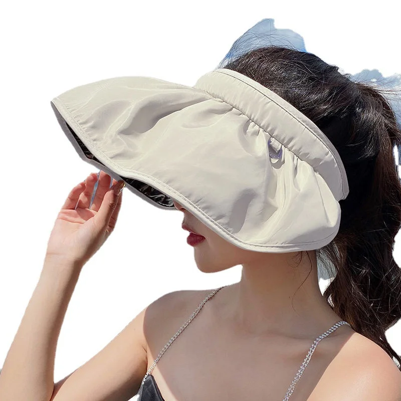 Summer UV Protection Women Sun Hats Solid Color Outdoor Beach Wide Brim Foldable Bucket Hat Ponytail Caps Panama Cap