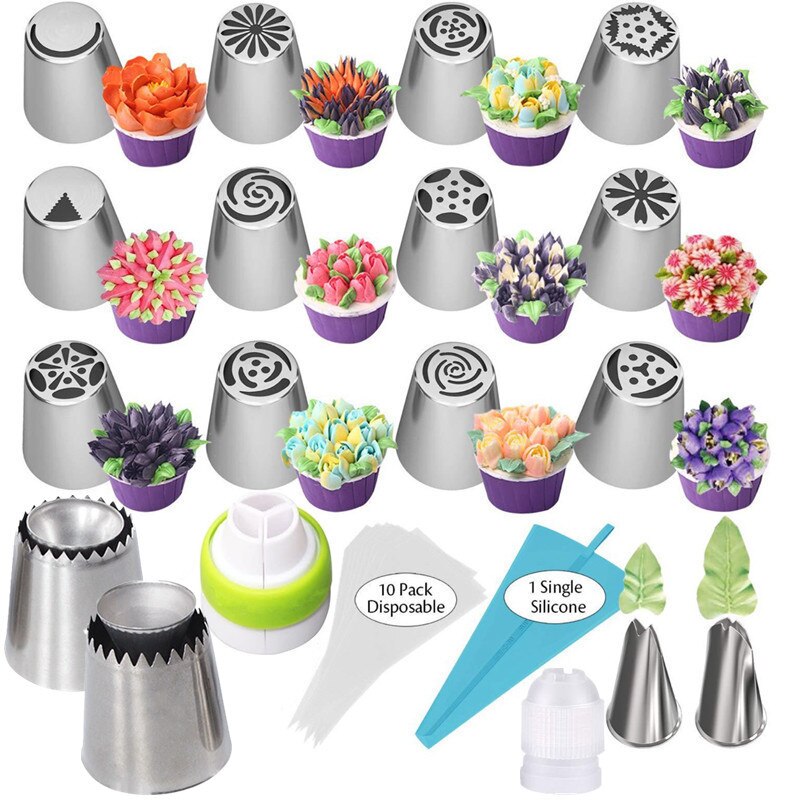 29 Pieces Russian Piping Tips Set Cake Decorating Supplies Kit Flower Frosting tips 16 Icing Nozzles 2 Couplers Pastry Bags