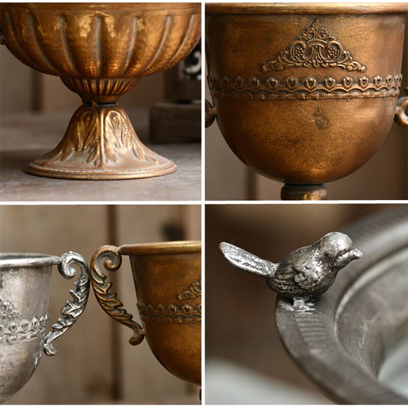 Vintage gamle jernvaser blomsterværelse hjem nordisk indretning gylden sølv europæiske blomster pottebæger klassisk dekoration salon casa
