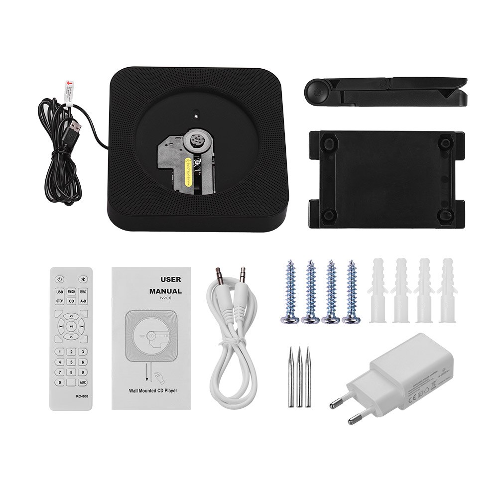 Portable wall-mounted CD player music amplifier audio with remote control support BT / USB / FM mode multiple models plug: Black  EU Plug