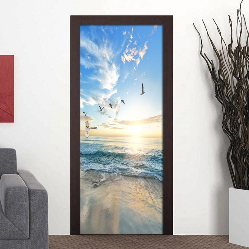 Self Adhesive Door Sticker Sunny Beach seascape Poster Wall Decal Door Mural Bedroom Door Waterproof PVC Sticker DIY Home Decor