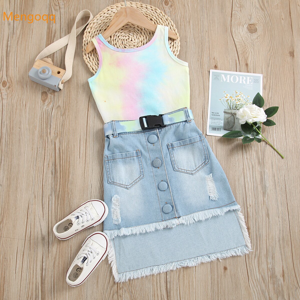 Kids Baby Meisjes Zomer Tie-Geverfd Top Vest Denim Knoppen Kwastje Rokken Riem Peuter Kinderen Kleding Set 2pcs 18M-6Y