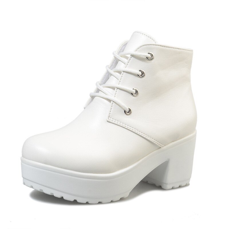 Black White Boots Heels 6CM PU leather Boots Women Platform Heels Ankle Boots for Women Chunky Heel Shoes Zapatos Plataforma