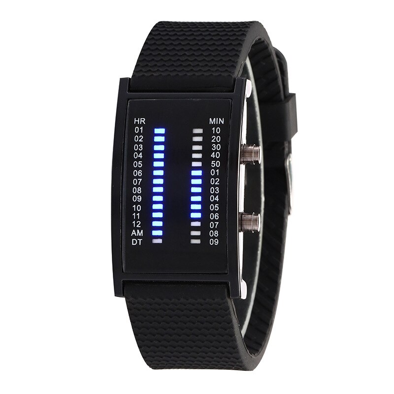 Luxe Lovers Horloge Waterdicht Mannen Vrouwen Rubber Strap Blue Binary Lichtgevende Led Elektronische Display Sport Horloges Mode: Black case