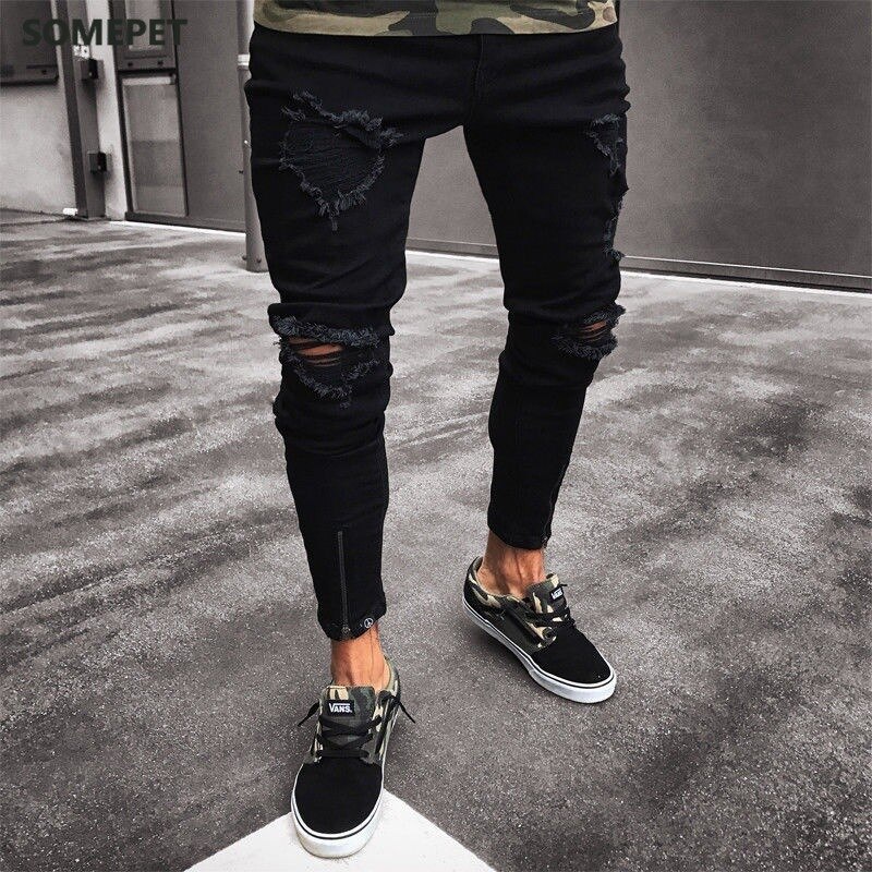 Black Stretch Skinny Fit Bottom zipper Jeans Men Knee Ripped Distressed Hole biker jeans Pants Hip Hop Street Big Size XXXL