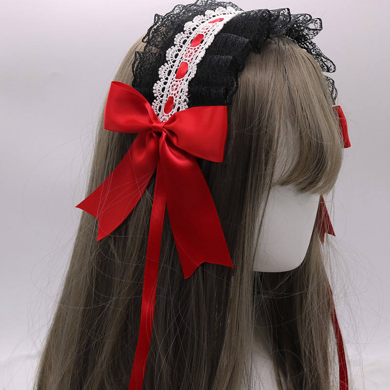 Petit bandeau Lolita japonais fait à la main, ornement pour cheveux de femme de ménage, clip latéral, accessoires pour cheveux doux: Black And Dark Red