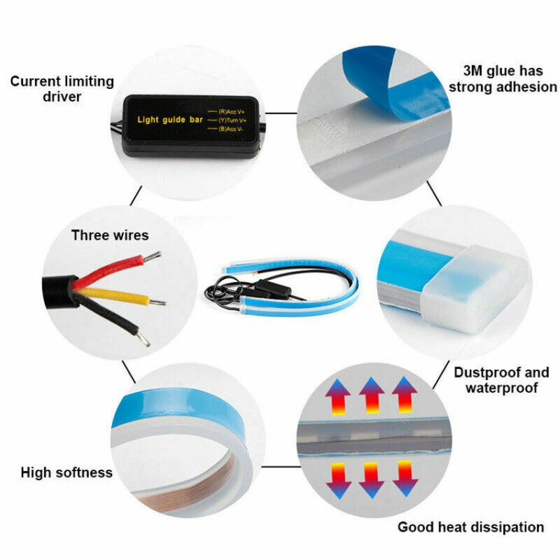 DC 12V LED Strip Lights Replacement 2pcs 30cm Slim Amber Sequential Flexible Turn Signal Headlight