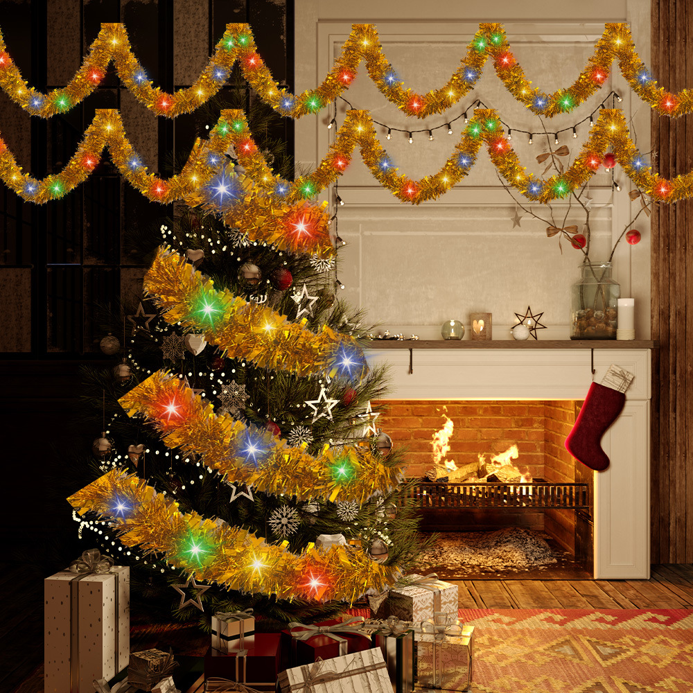 Guirnalda de oropel navideño con 50 luces LED, decoraciones gruesas metálicas brillantes para interiores/exteriores, para fiestas navideñas, 1 ud.