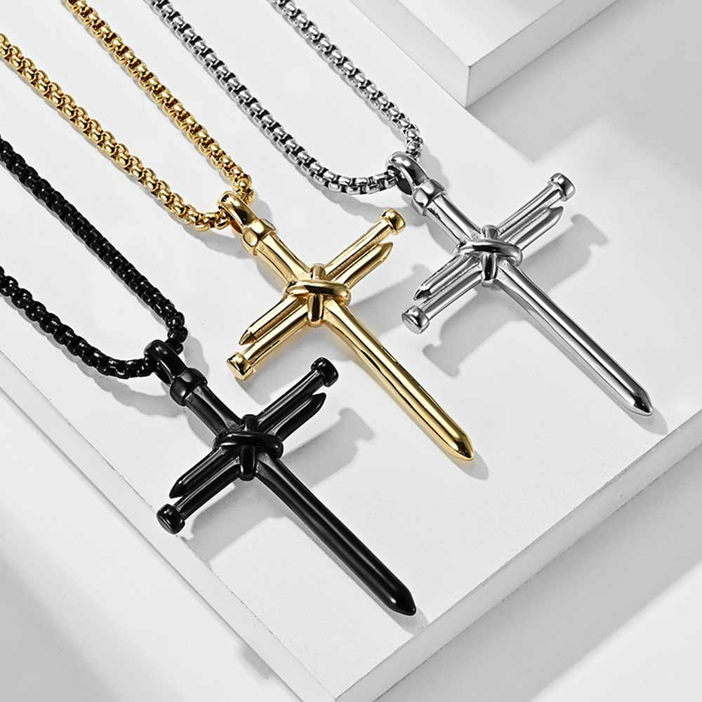 Collier pendentif croix à ongles pour hommes, boîte à bijoux chrétien à la , chaîne en acier inoxydable, couleur or noir