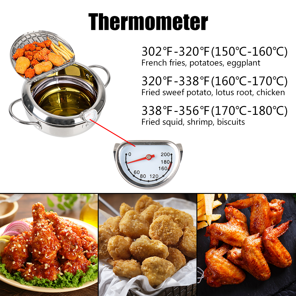 Strumento di cottura da 20 cm in acciaio inossidabile 304 2 maniglie 2,2 litri con termometro e coperchio padella per friggitrice Tempura pentola per friggere