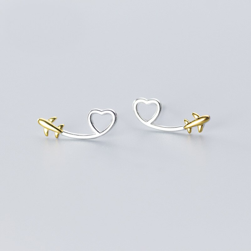 MloveAcc Neue Stil 925 Sterling Silber Fliegen Flugzeug mit Herz Stud Ohrringe für Frauen Mädchen Silber Schmuck