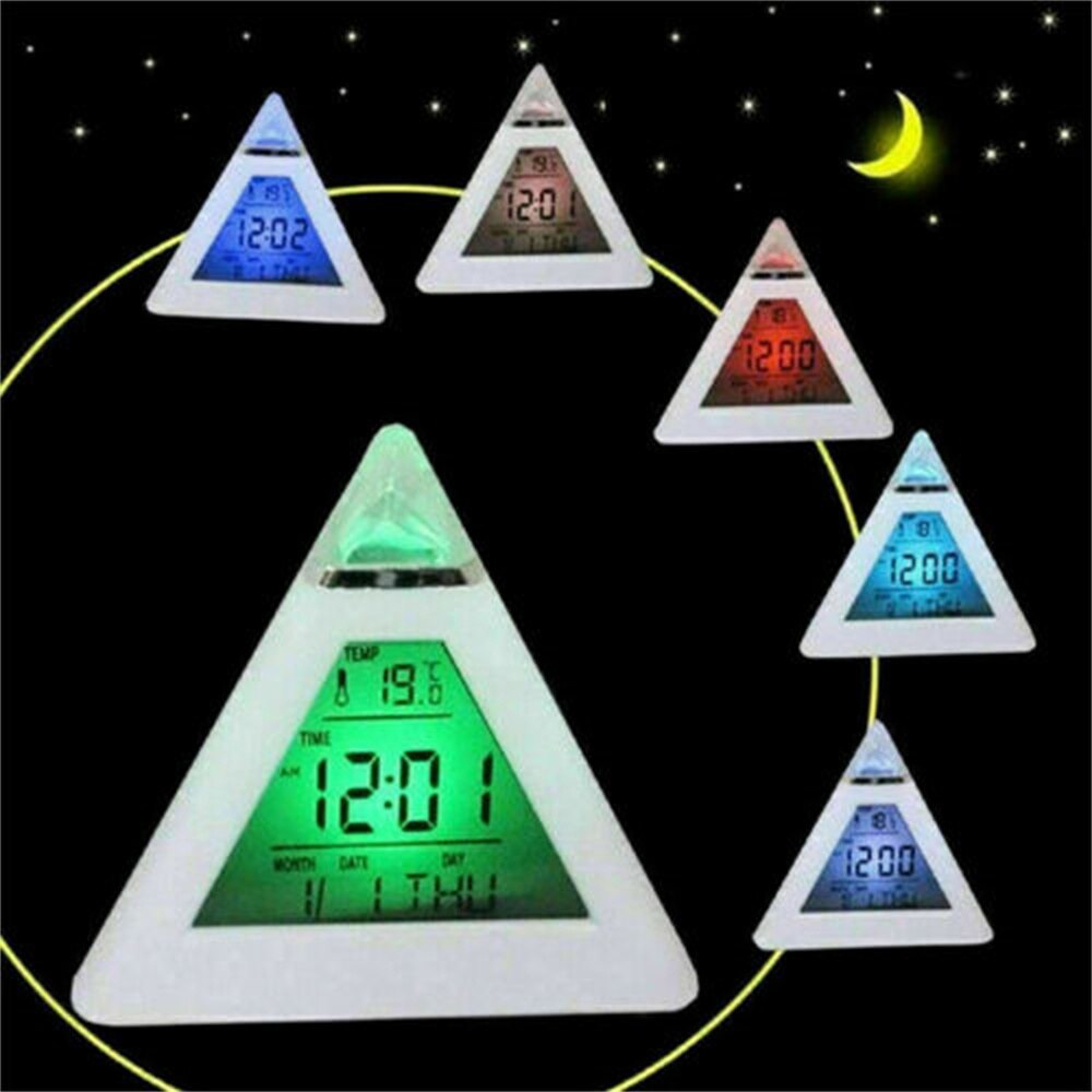 Digitale Wekker 7 Kleuren Piramide Lcd Wekker Nachtlampje Thermometer Bureau Tafel Klok Kalender Timer Led Wekkers