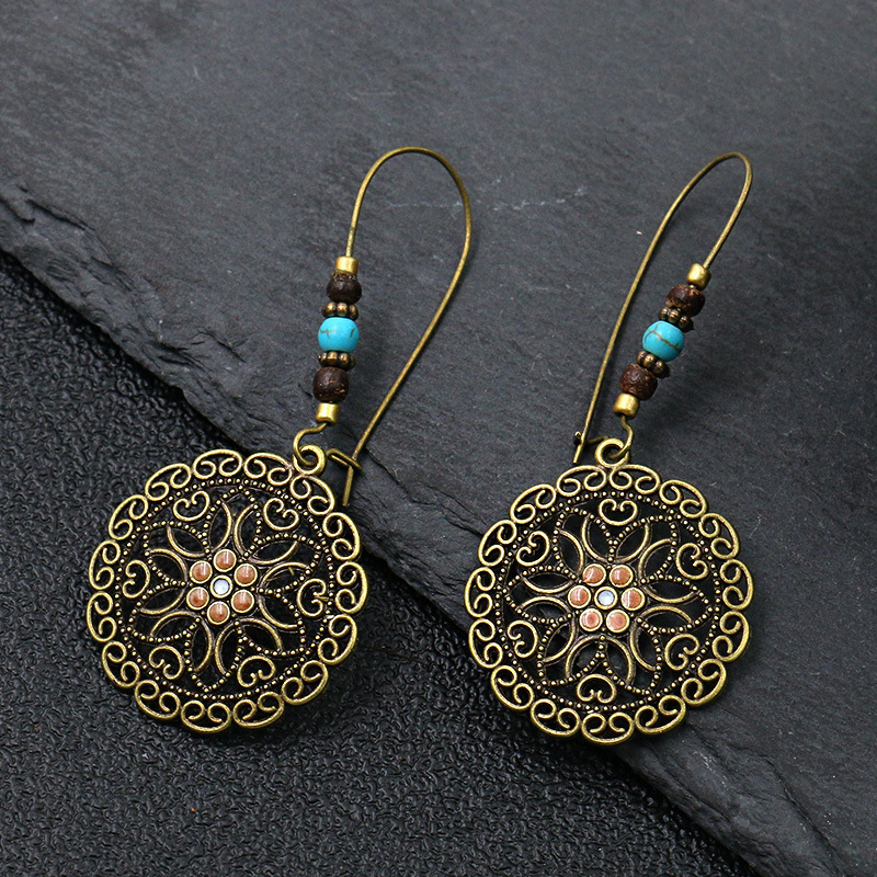 Pendientes colgantes con gancho para la oreja grande bohemio Vintage para mujer, aretes bohemios redondos huecos con forma de hoja geométrica étnica, joyería antigua: Bronze