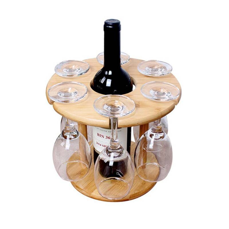 Wine Glass Holder Bamboo Tabletop Wine Glass Drying Racks Camping for 6 Glass and 1 Wine Bottle