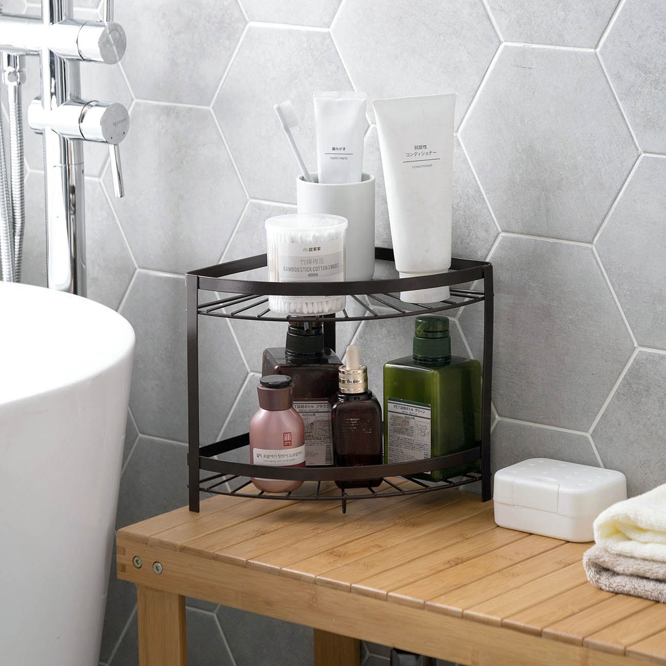 Jern badeværelseshylde desktop opbevaringsstativ brusekabine shampoo holder hjørnehylde stativ badeværelse køkken organizer