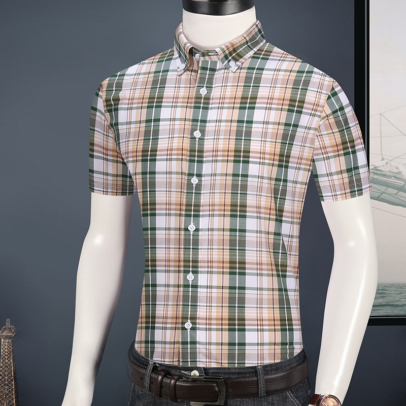 Checkered Mens Casual Shirts 100% Cotton Short Sleeve Summer Cool Plaid Shirts for Men Slim Fit Male Tops pocketless