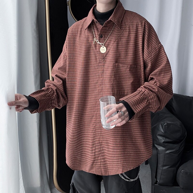 Camisas a cuadros informales de talla grande para hombre, ropa de Coreana de otoño con retazos, camisa rosa de manga larga para hombre, blusa para hombre