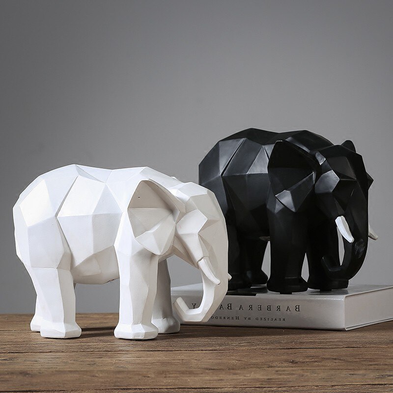 Elefant statue abstrakt harpiks ornamenter sort hvid geometrisk elefant dyr skulptur håndværk boligindretning model