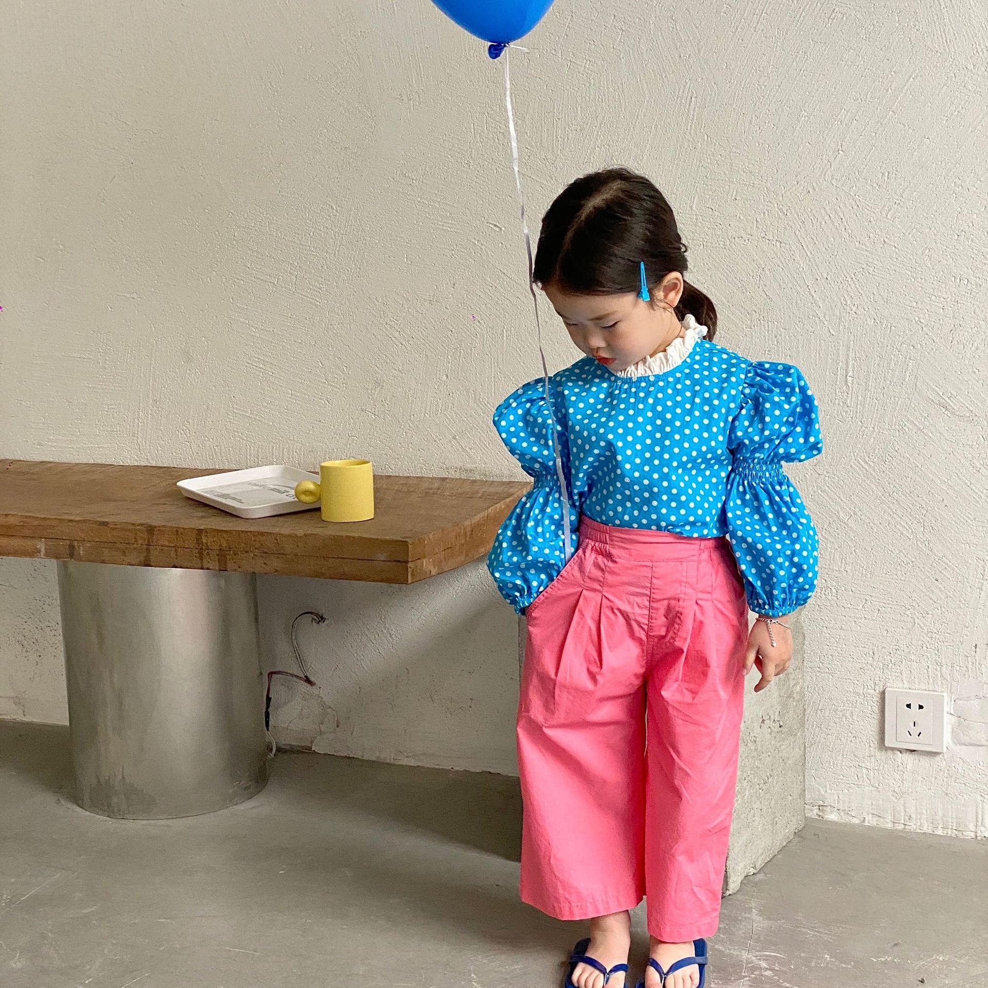 Blusa de manga larga con lunares para niña, camiseta de manga abombada, Tops, ropa de , color rosa, Vintage, Primavera