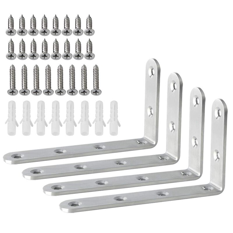 4Pcs Corner Brackets 3 X 5 Inch,Right Angle Bracket 304 Stainless Steel with Screws,L Shaped Brackets for Shelves Furni