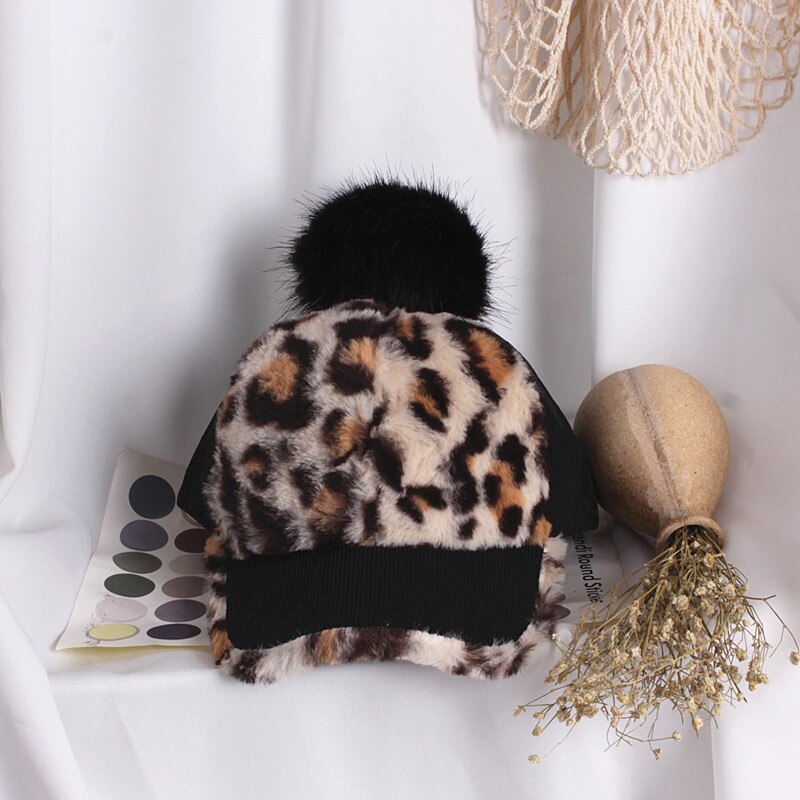 Leopard print baseball kasketter varm pom pom hat børn toddler baby pige vinter hat cap: Sort
