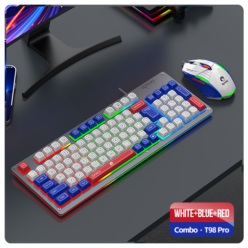 Gaming-Tastatur-Maus-Set im Mecha-Stil, kabelgebunden, Regenbogen-Glühen, Hintergrundbeleuchtung, 98 Tasten, Metallplatte, Laptop-Desktop: Dunkelblau