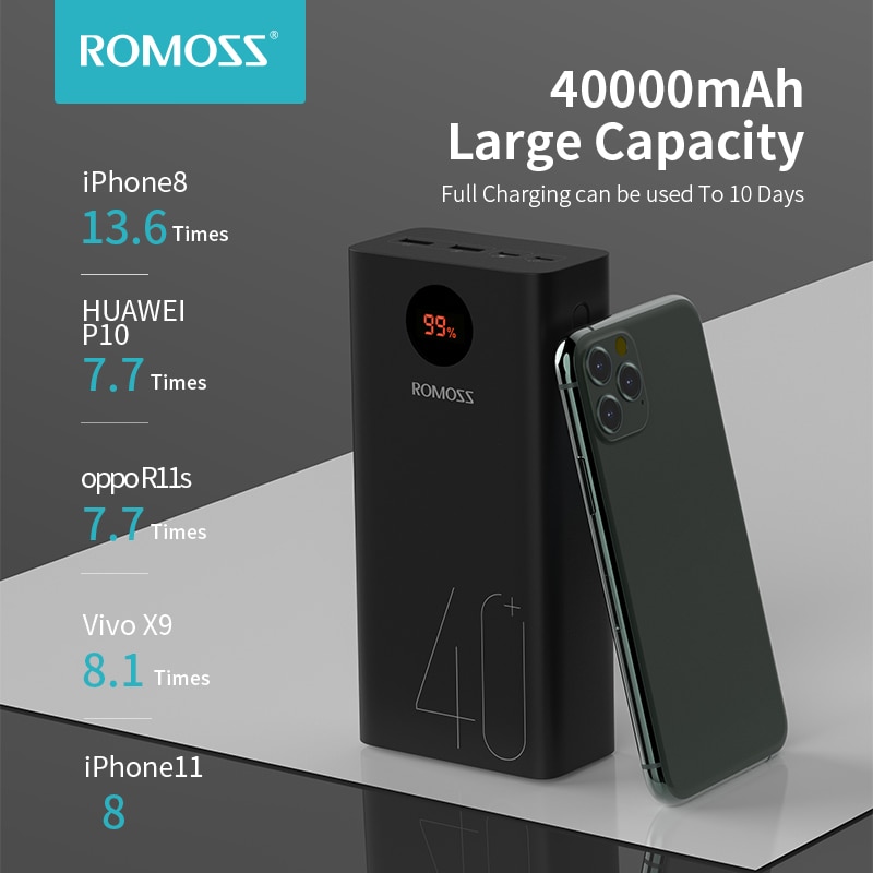 ROMOSS Zeus Energie Bank 40000mAh 18W PD QC 3,0 schnell aufladen 40000mAh Energie Typ-C Externe batterie Ladegerät Für iPhone Huawei