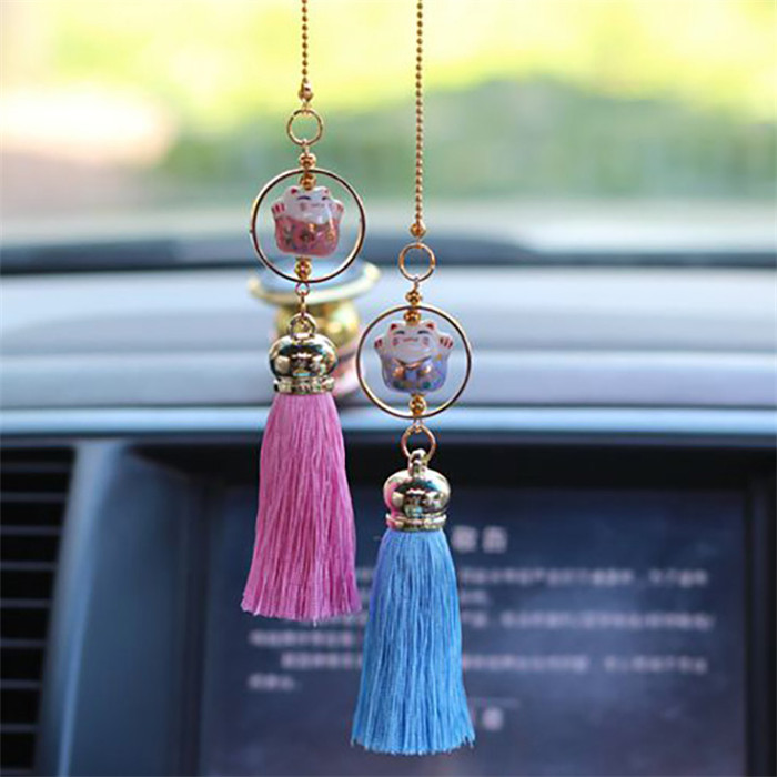 Colgante para coche, figura de gato de la suerte, borla de bendición, adorno automático, decoración de espejo retrovisor Interior automotriz, adorno colgante,: Pink with Blue