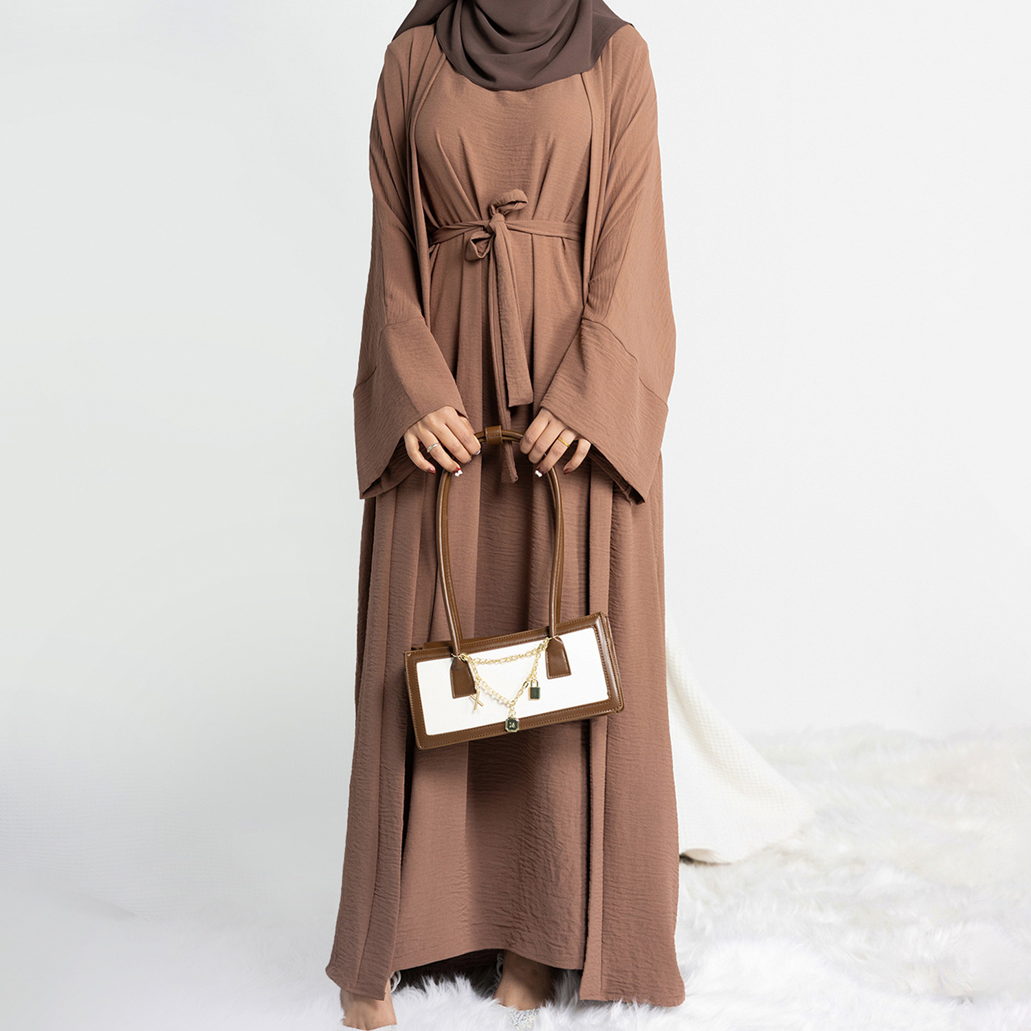 Abaya vestido Hijab sin mangas, conjunto musulmán a juego, bata islámica de lujo, vestido africano, Kimono marroquí, ropa de caftán, 2 uds./Set: L / Castaño