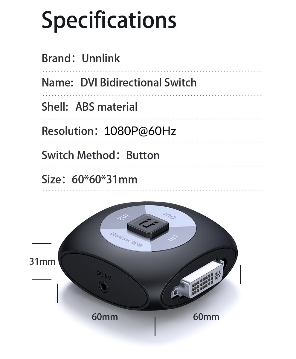 Unnlink DVI Switch Splitter Bi-Directional 2X1/1X2 FHD1080P@60Hz Driver Free DVI-D 24+1 Switcher for Computer PC Monitors