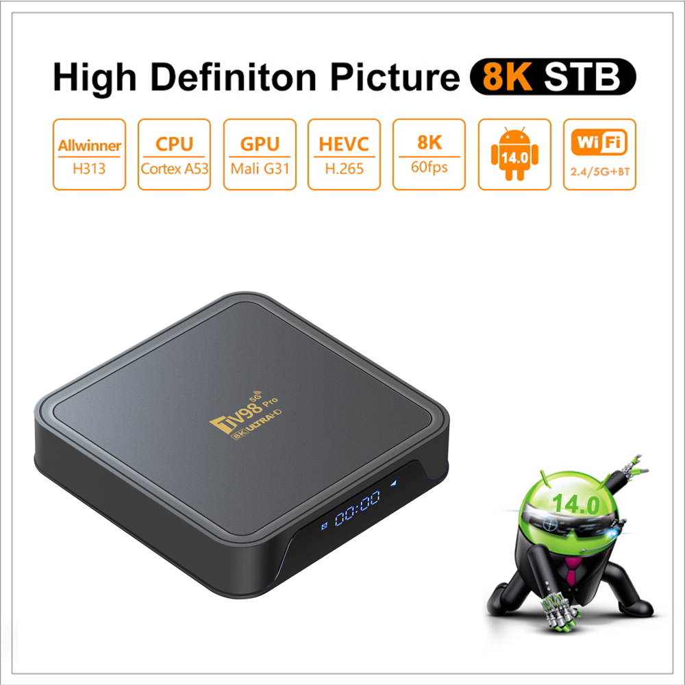 TV98 Pro TV Box Android 14 Suporte HD 8K4K Vídeo 5G Dual Wifi BT5.2 Reprodutor de controle remoto por voz Allwinner H313 Smart TV Box iptv