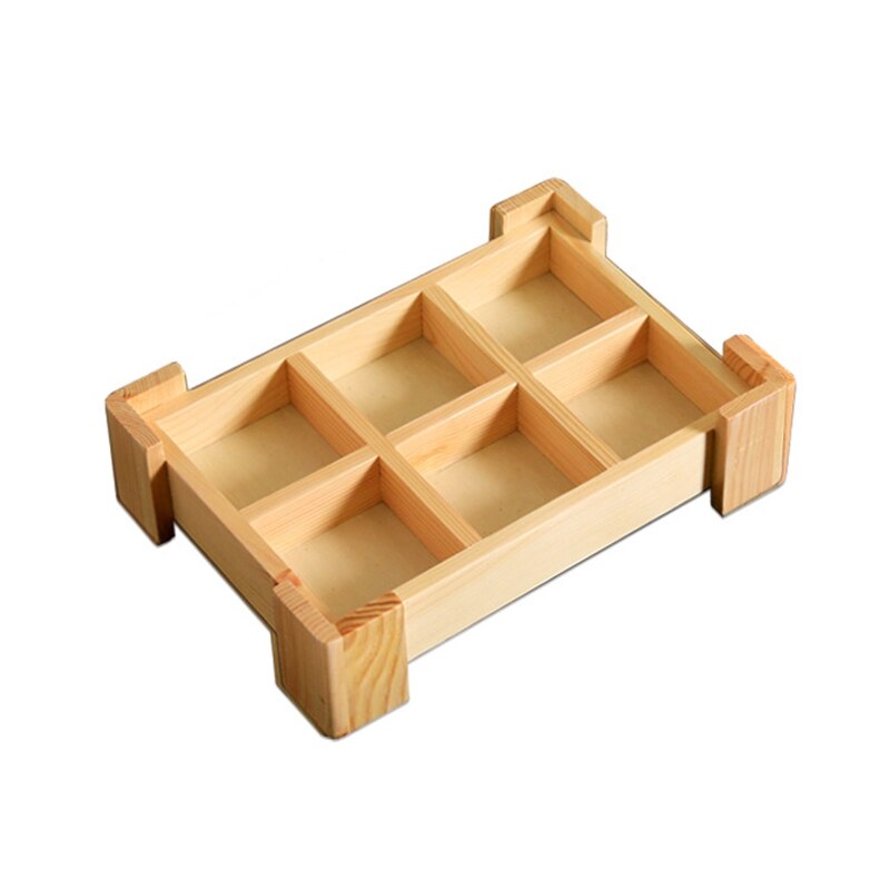 Multi Grid Snack Box Serving Tray Japanese Style Wooden Sushi Plate Candy Dessert Cuisine Storage Container Kitchen Tableware: Wrapped Six grids