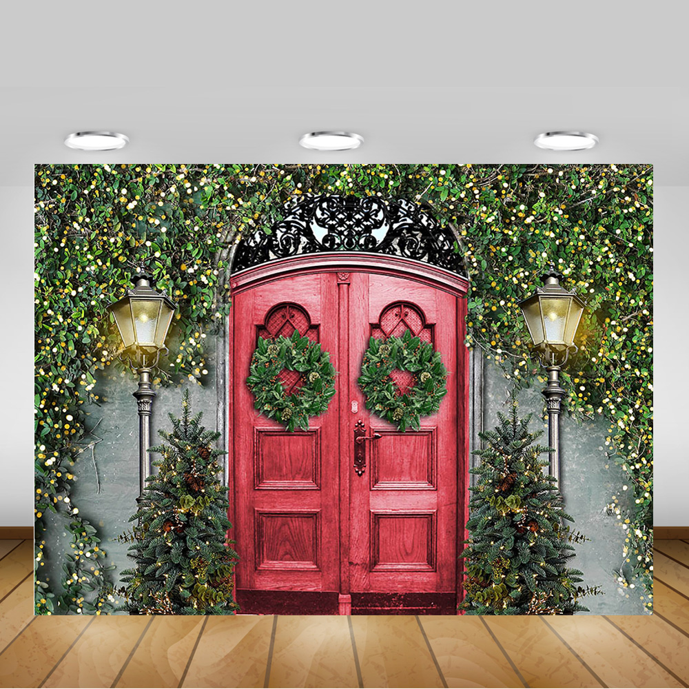 Natal vintage vermelho porta de madeira fotografia pano de fundo para estúdio foto videira verde inverno crianças aniversário arte fundo adereços