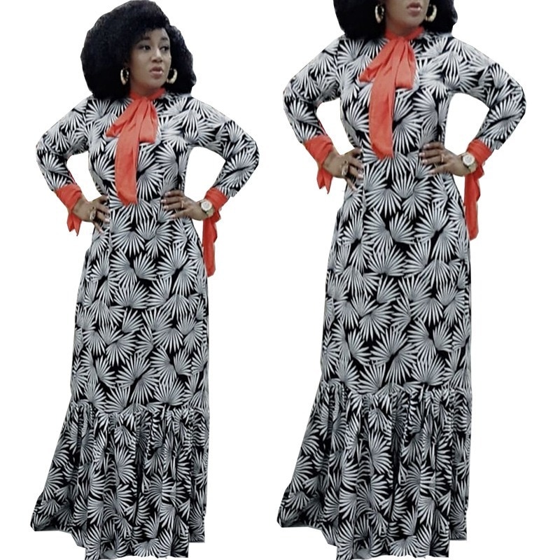 Mode Stijl Afrikaanse Vrouwen Afdrukken O-hals Lange Mouw Polyester Plus Size Lange Jurk