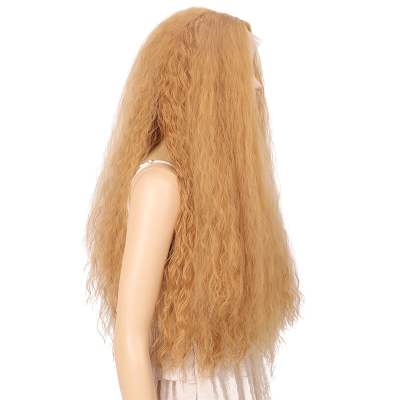 MANWEI Hair Curly Glueless Lace Wig Baby Hair Golden Color Synthetic Hair Lace Front Wigs with Natural Hairline Hair