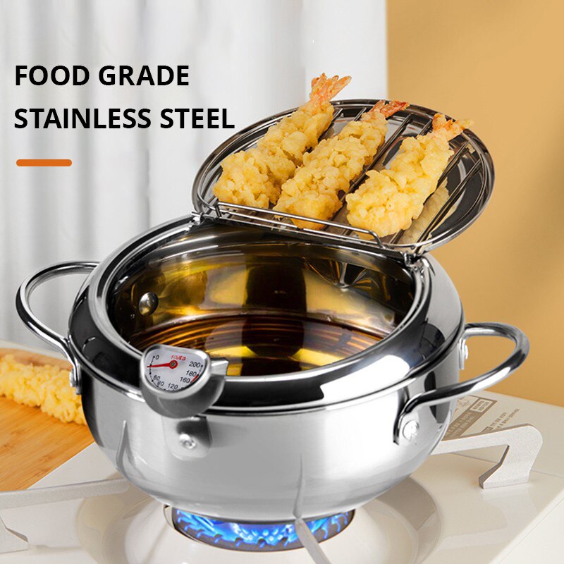 1 pz in acciaio inox coppa dell'olio termometro per uso domestico con coperchio Tempura friggitrice ad olio piccola padella per patatine fritte a risparmio energetico
