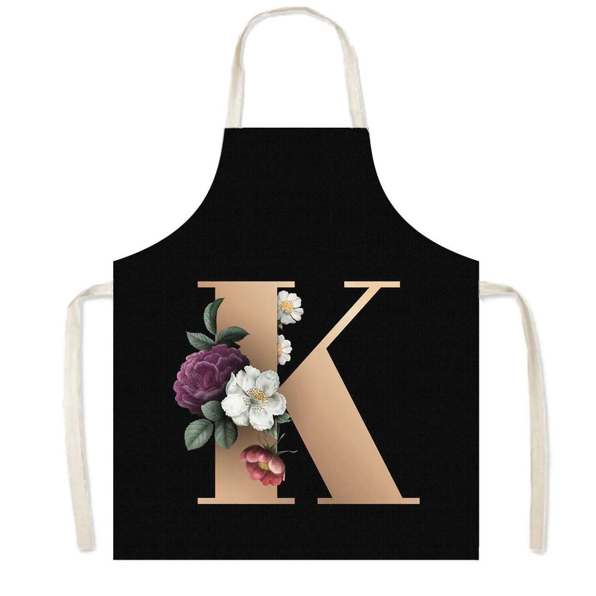 Delantal de cocina con estampado de flores y 26 iniciales, delantales de cocina con letras de A-Z para mujer, Chef de barbacoa, camarero, herramienta de limpieza para hornear en casa, delantal