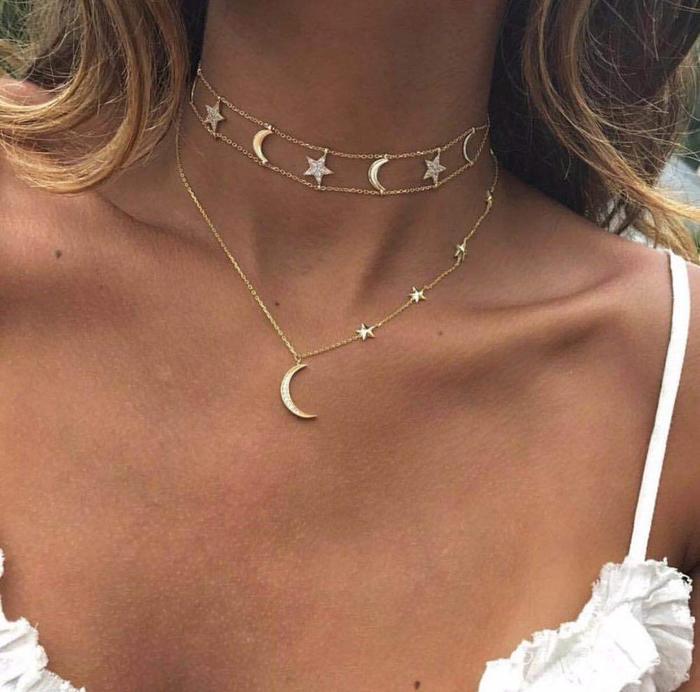 Punk Multi Layered Crystal Zircon Choker Necklace Collar Statement Star Crescent Love Heart Retro Pendant Clavicle Chain Jewelry: 11