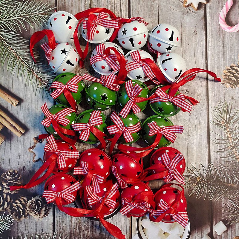 24Pcs Kerst Jingle Bells Voor Decoratie In Rood Wit Groen, Jingle Bells Met Ster Uitsparingen Kerst Metaalklokken