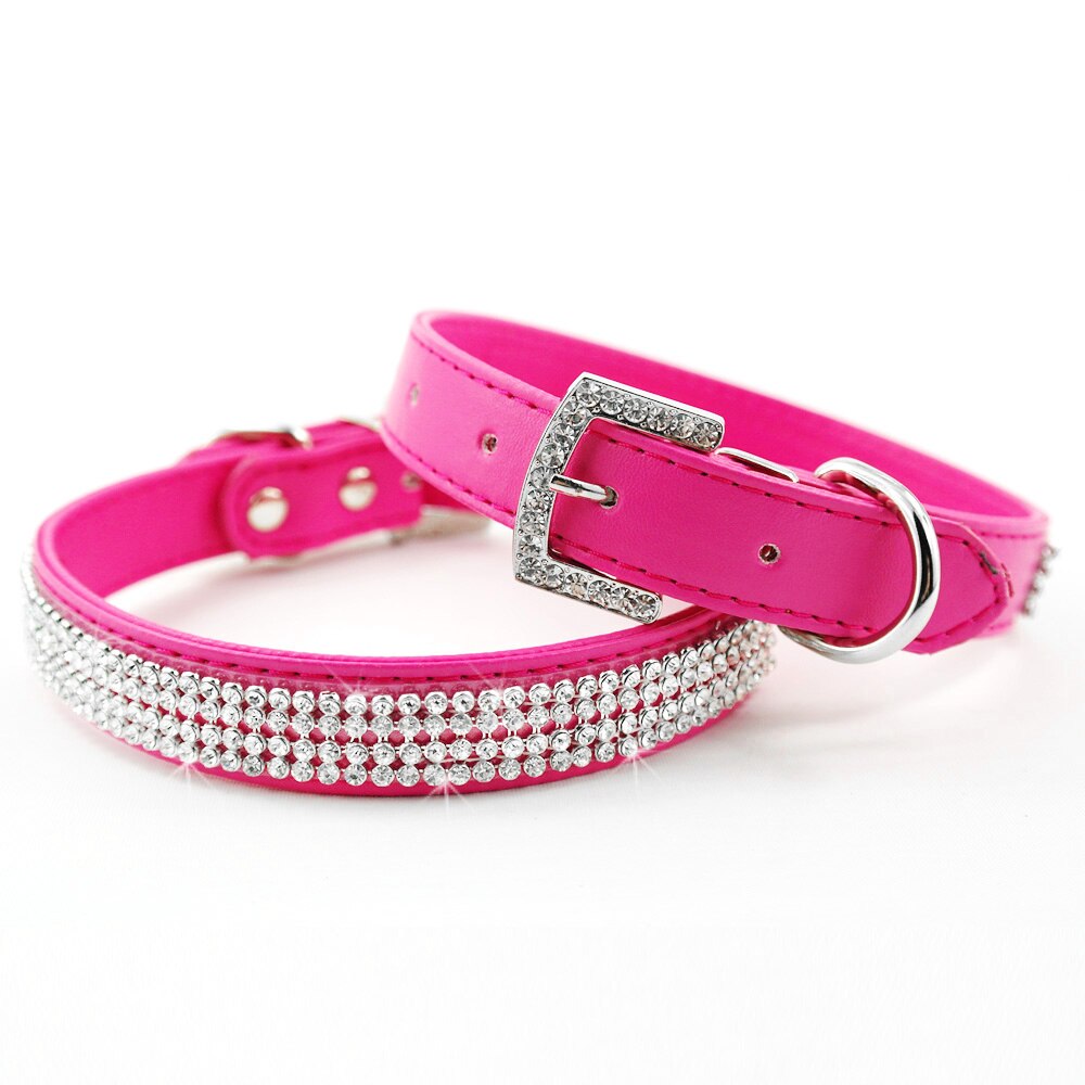 Bling hundehalsbånd rhinestone læder kæledyr hund kat hvalpe halsbånd diamant halskæde til små mellemstore hunde katte chihuahua: Rosenrød / Xs