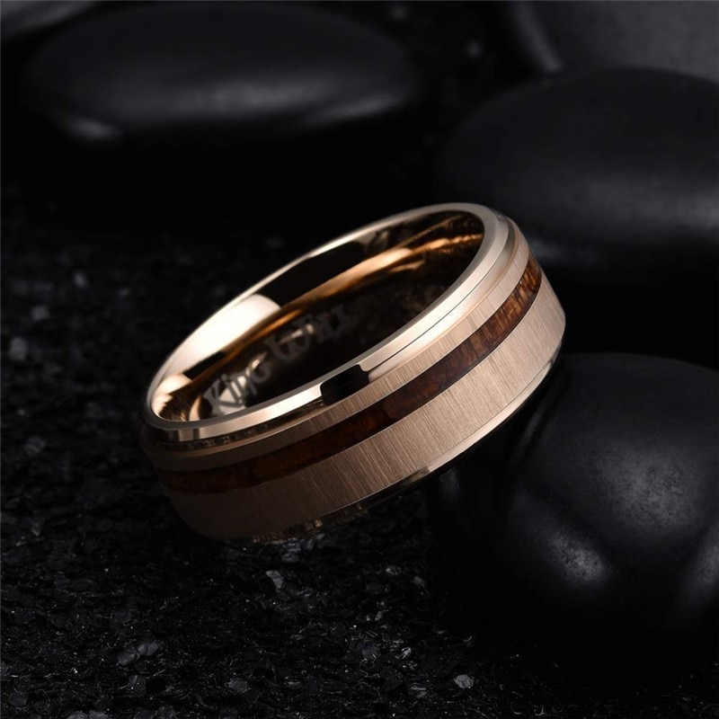 Stainless Steel Rose Gold Colour Wedding Rings Koa Wood Engagement Rings Comfort Fit And Men's Tungsten Party Jewelr