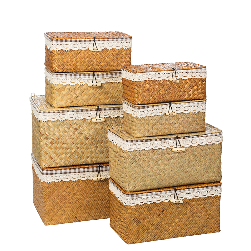 Woven Seagrass Storage Basket with Lid Rattan Wicker Box Rectangular Basket for Desktop Sundaries Sorting Jewelry Organizer